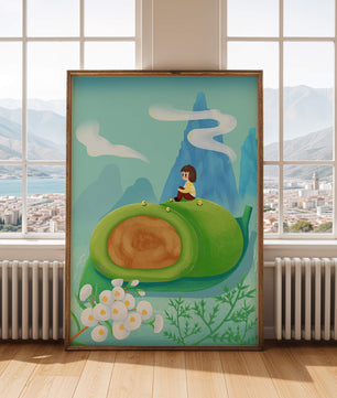 Serene Landscape with Child Sitting on Giant Leaf in Mountainous Fantasy Setting