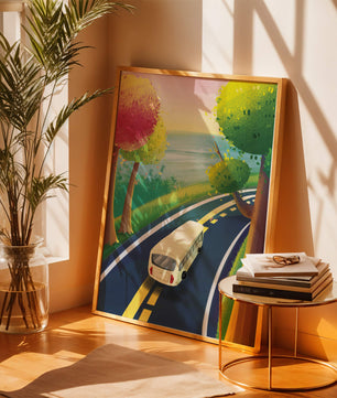 Scenic Road Trip with Vibrant Trees and Sunset