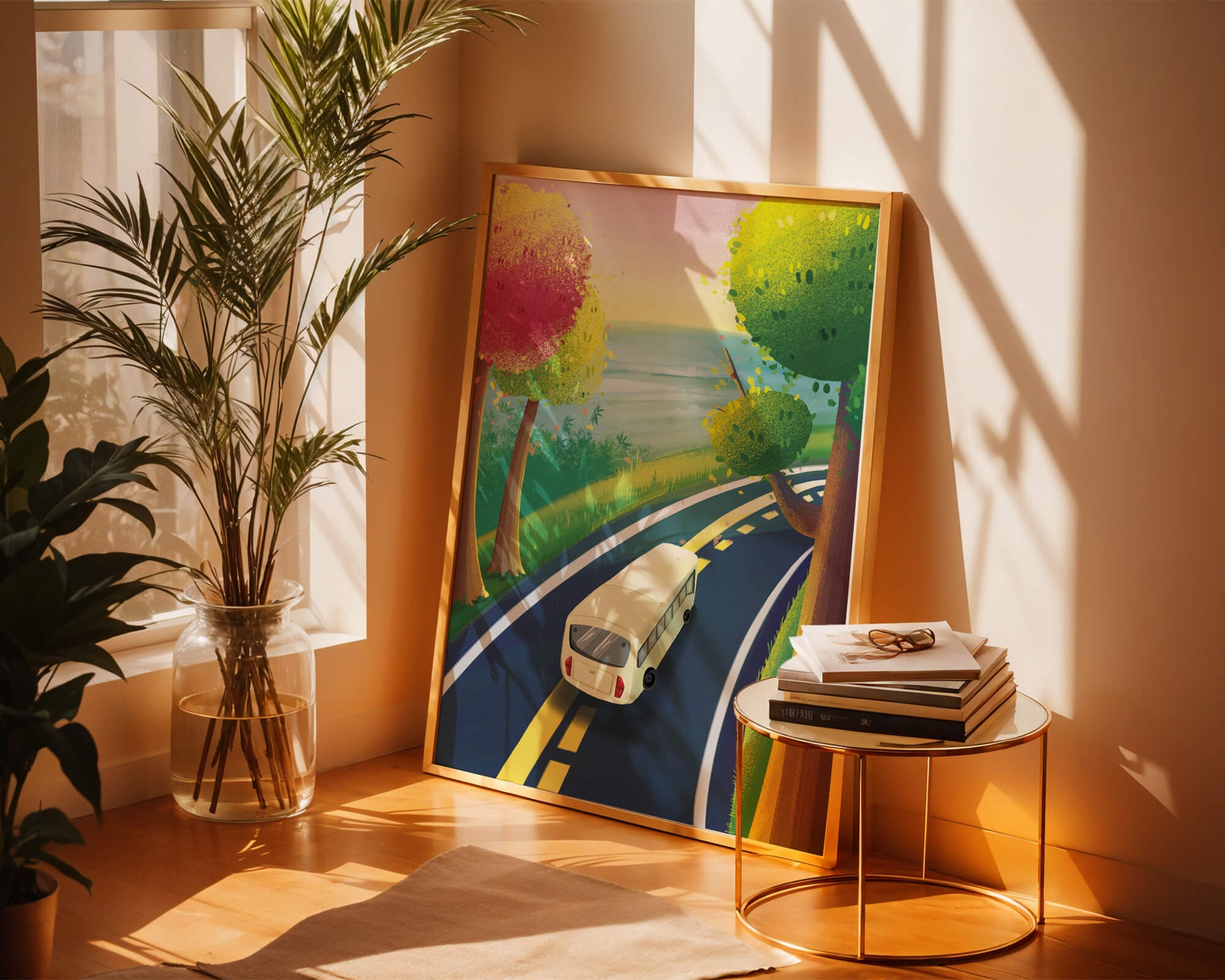 Scenic Road Trip with Vibrant Trees and Sunset