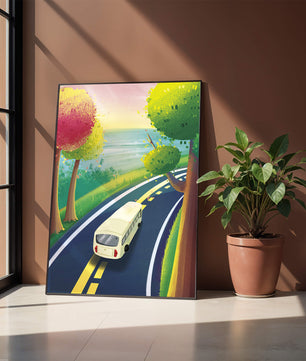 Scenic Road Trip with Vibrant Trees and Sunset