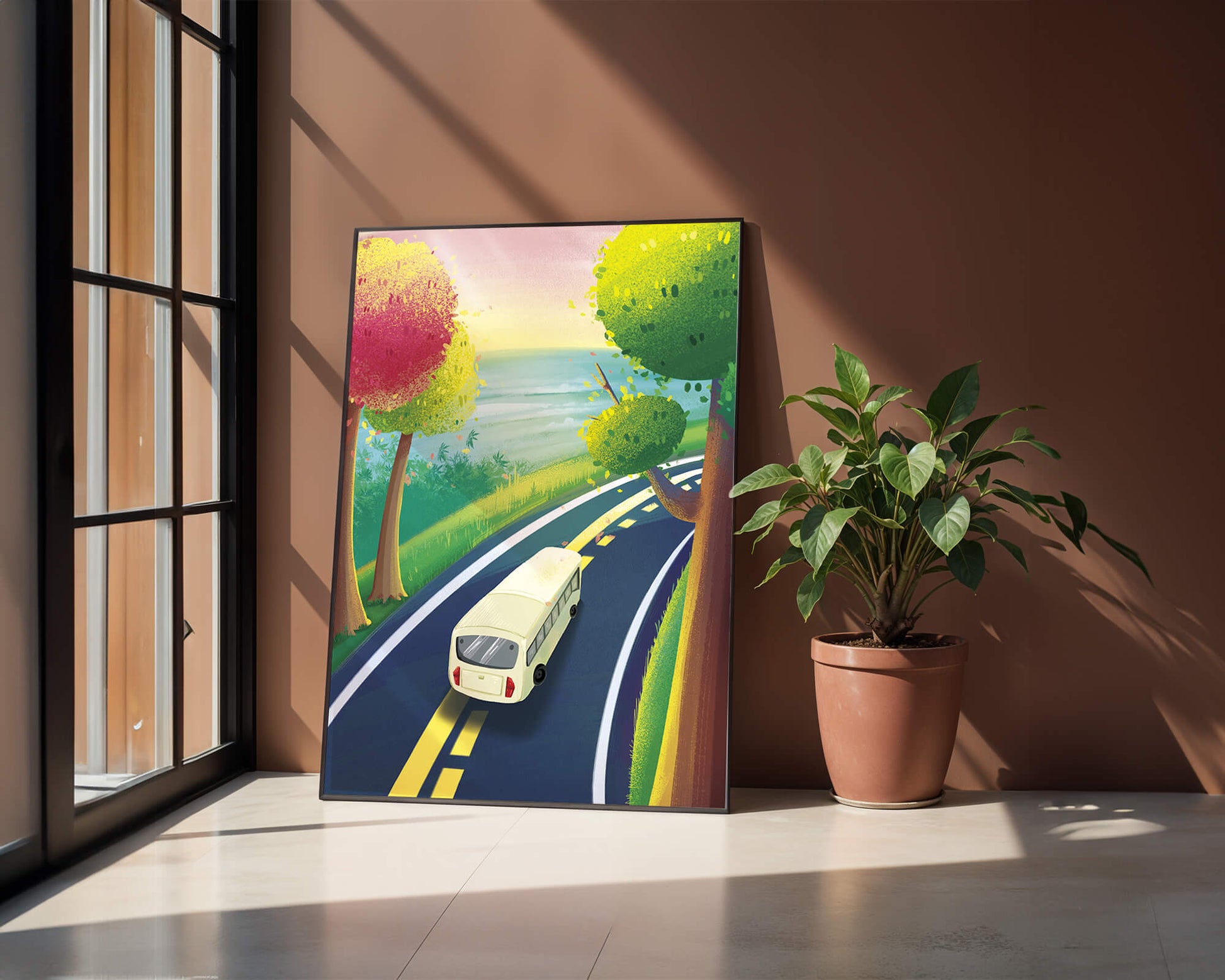 Scenic Road Trip with Vibrant Trees and Sunset