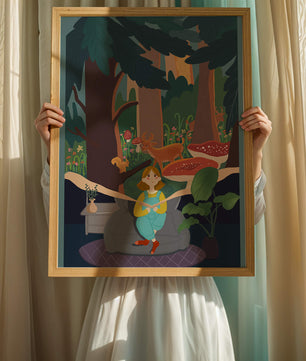 Figura femenina pacífica con criaturas del bosque y vegetación verde exuberante