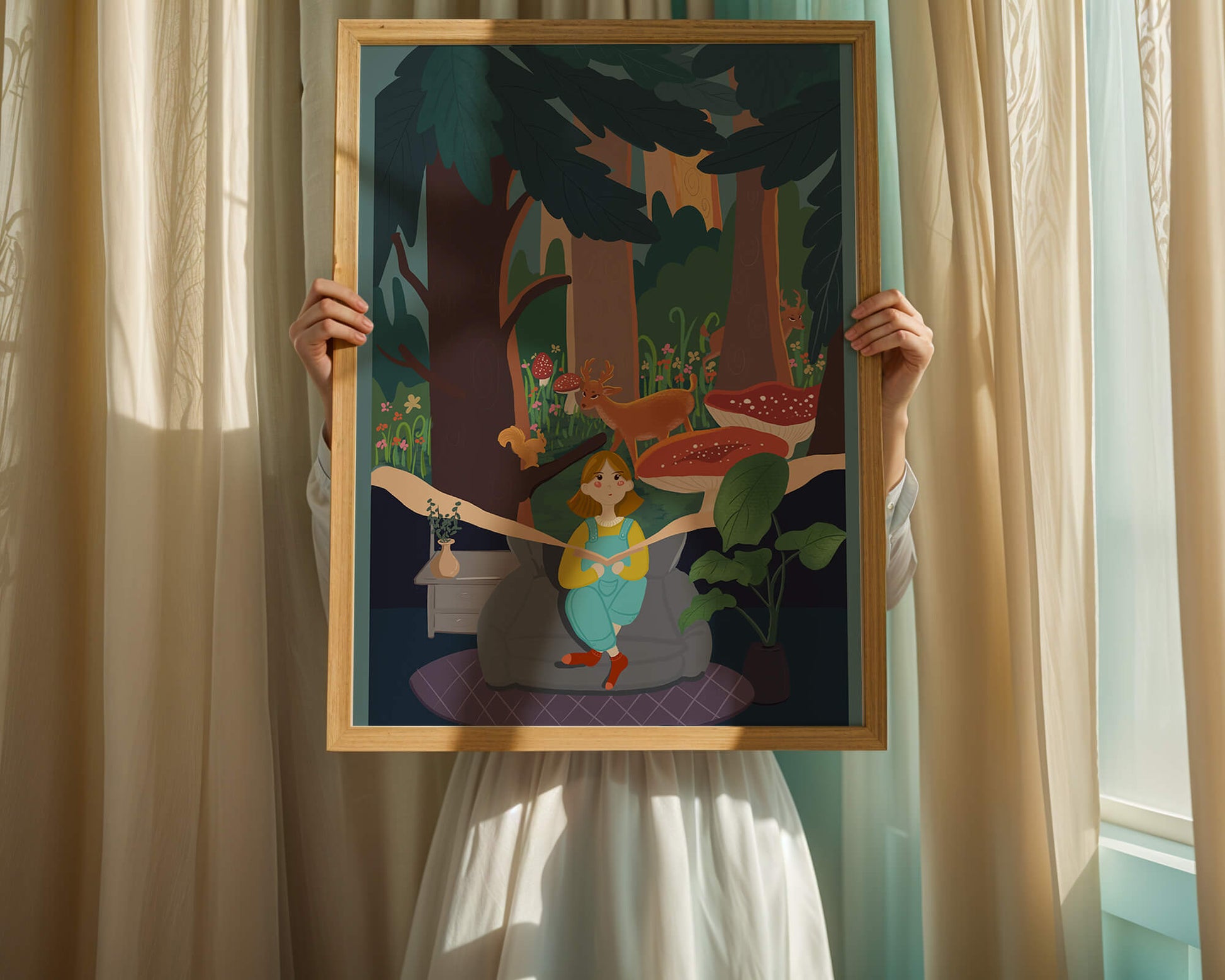 Figura femenina pacífica con criaturas del bosque y vegetación verde exuberante