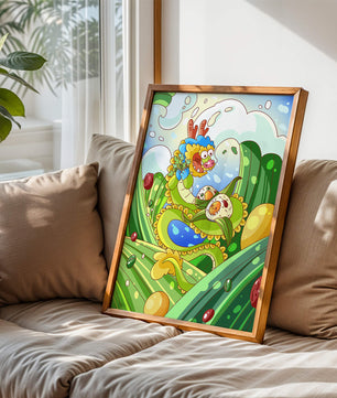 Dragon de dessin animé coloré avec des boulettes dans un paysage fantastique