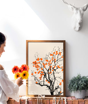 Elegant watercolor tree with vibrant orange fruit