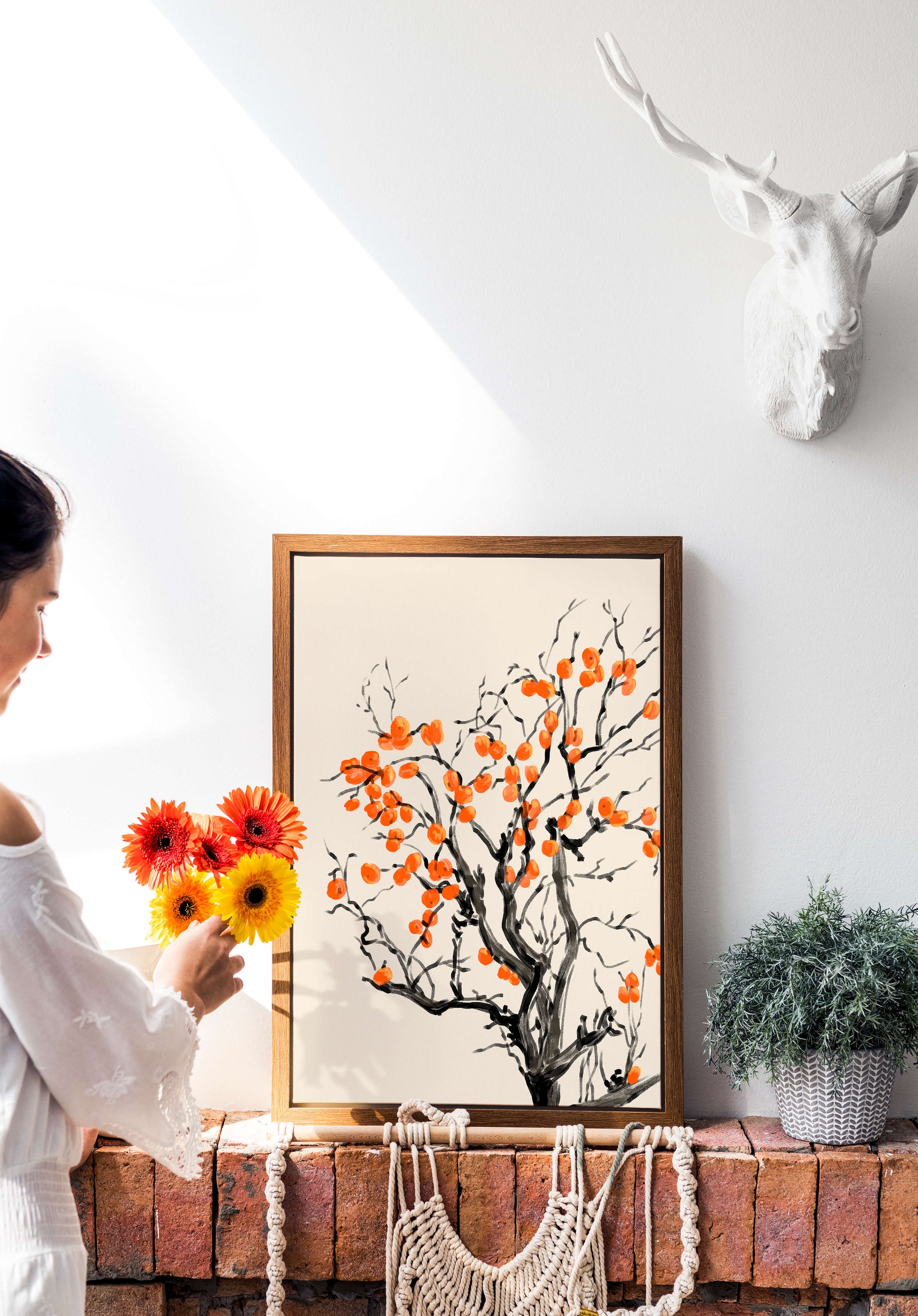 Elegant watercolor tree with vibrant orange fruit