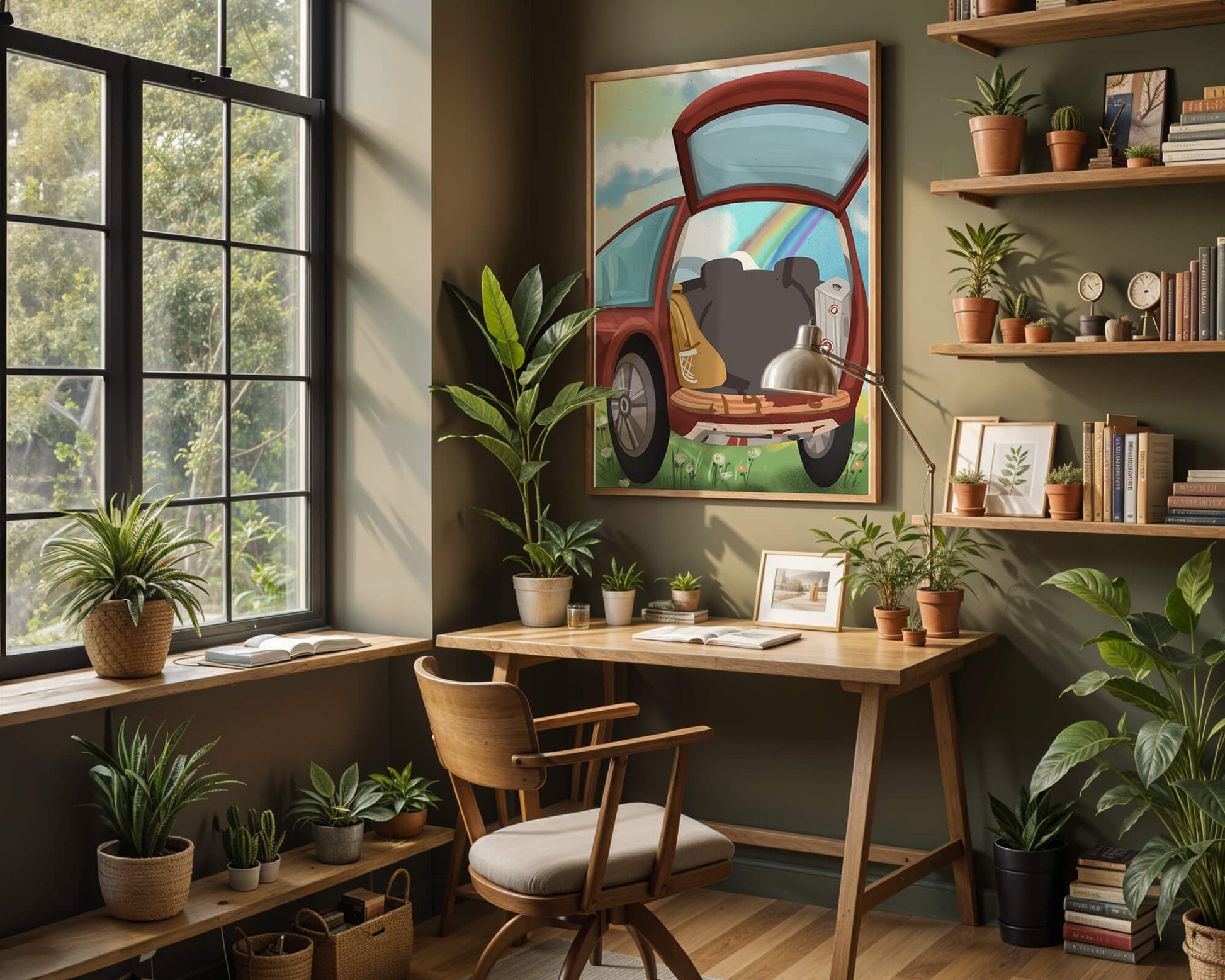 Car Trunk with Picnic Items and Rainbow in Background