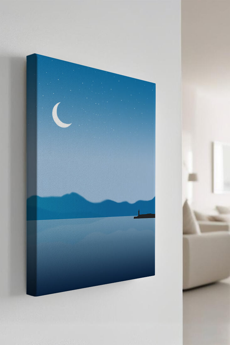 Serene Night Landscape with Crescent Moon and Lighthouse