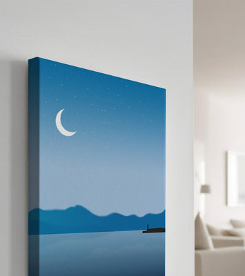 Serene Night Landscape with Crescent Moon and Lighthouse
