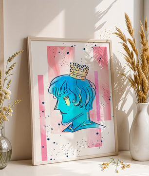 Illustration artistique d’un personnage au visage bleu avec une couronne dorée sur un fond abstrait