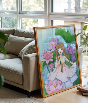 Illustration fantaisiste d'une jeune fille aux cheveux tressés parmi des fleurs de lotus