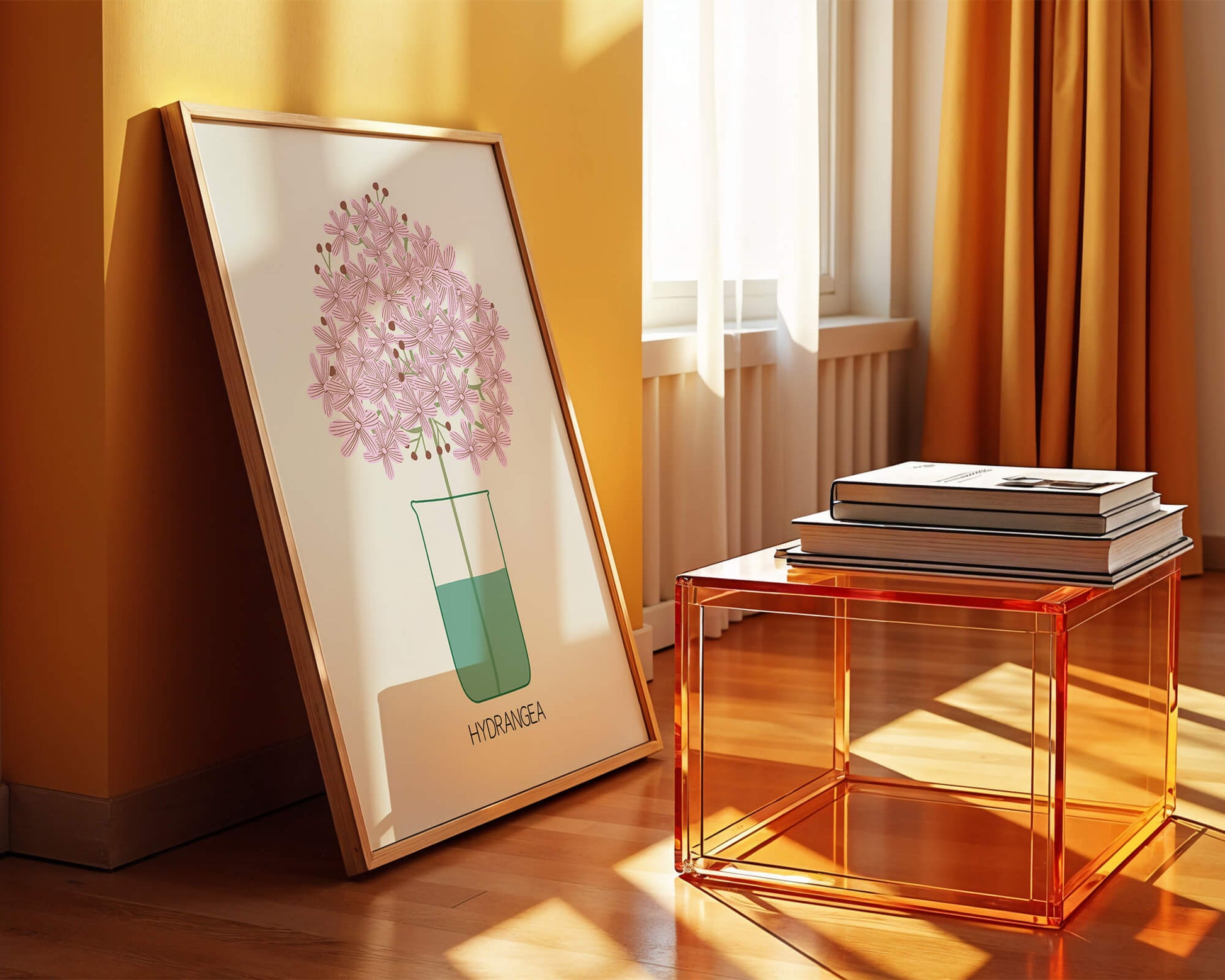 Illustration von Hortensienblüten in einer Vase mit eleganter Linienkunst