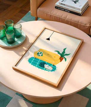 Cozy Living Room with Yellow Sofa and Sleeping Cat