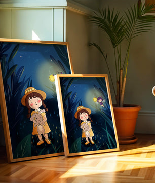 Ilustración de una chica en un bosque con una luciérnaga mágica por la noche