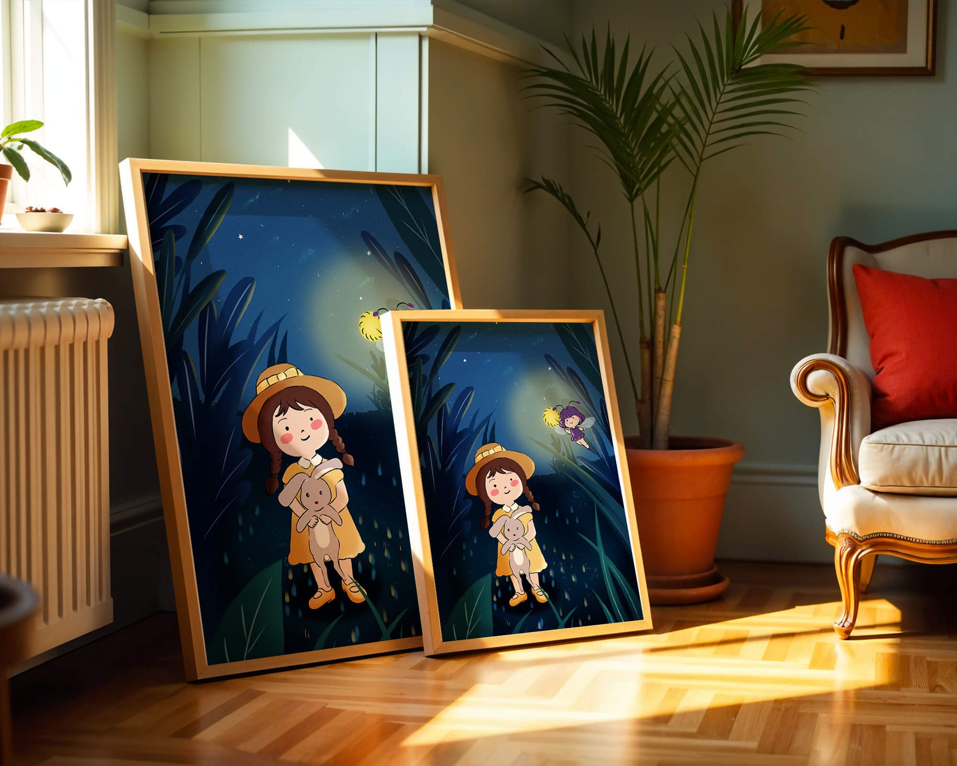 Ilustración de una chica en un bosque con una luciérnaga mágica por la noche