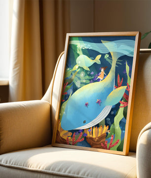 Fantasievolle Unterwasserszene mit einem Mädchen auf einem Wal und farbenfrohem Meeresleben