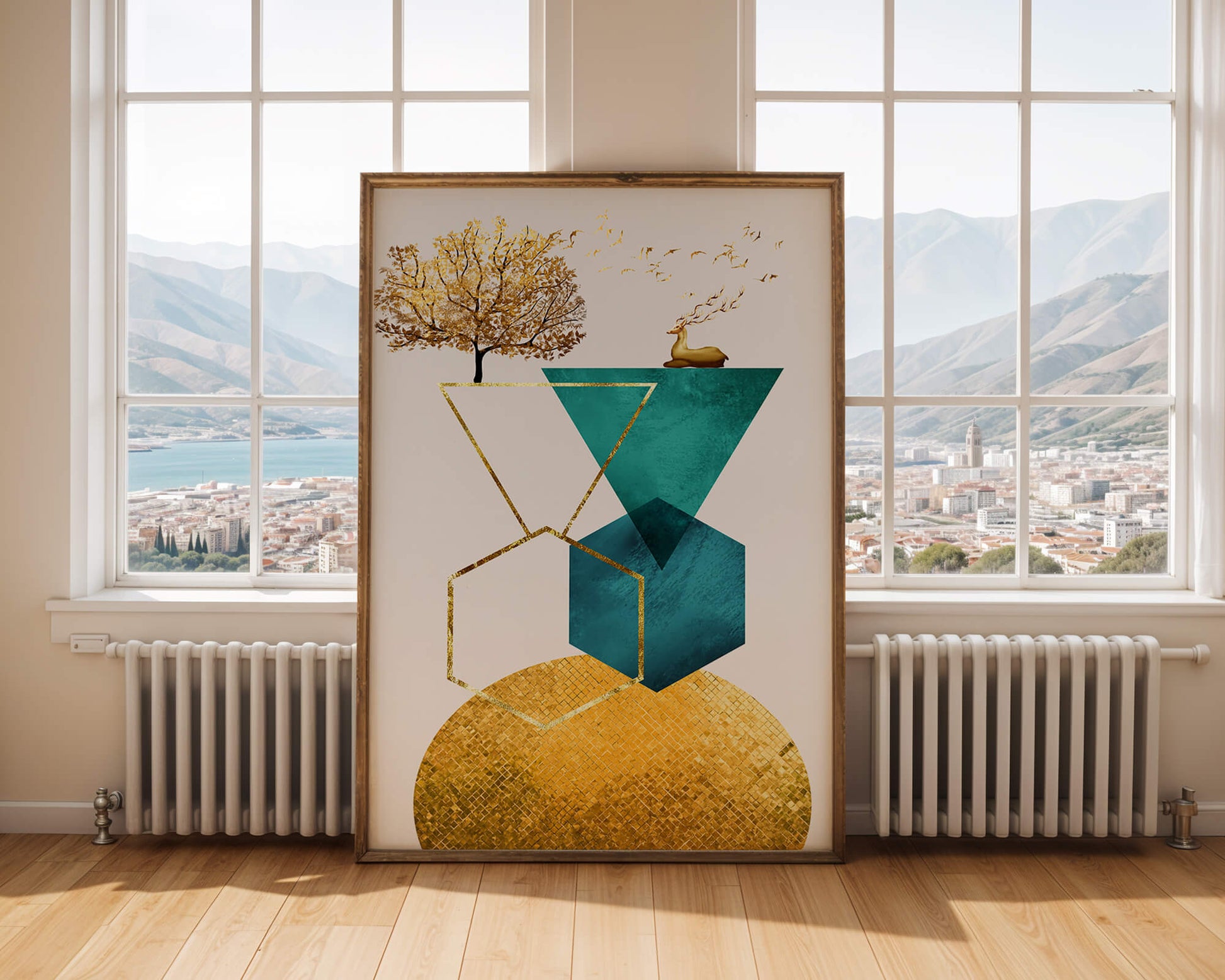 Abstract Geometric Composition with Golden Deer and Tree