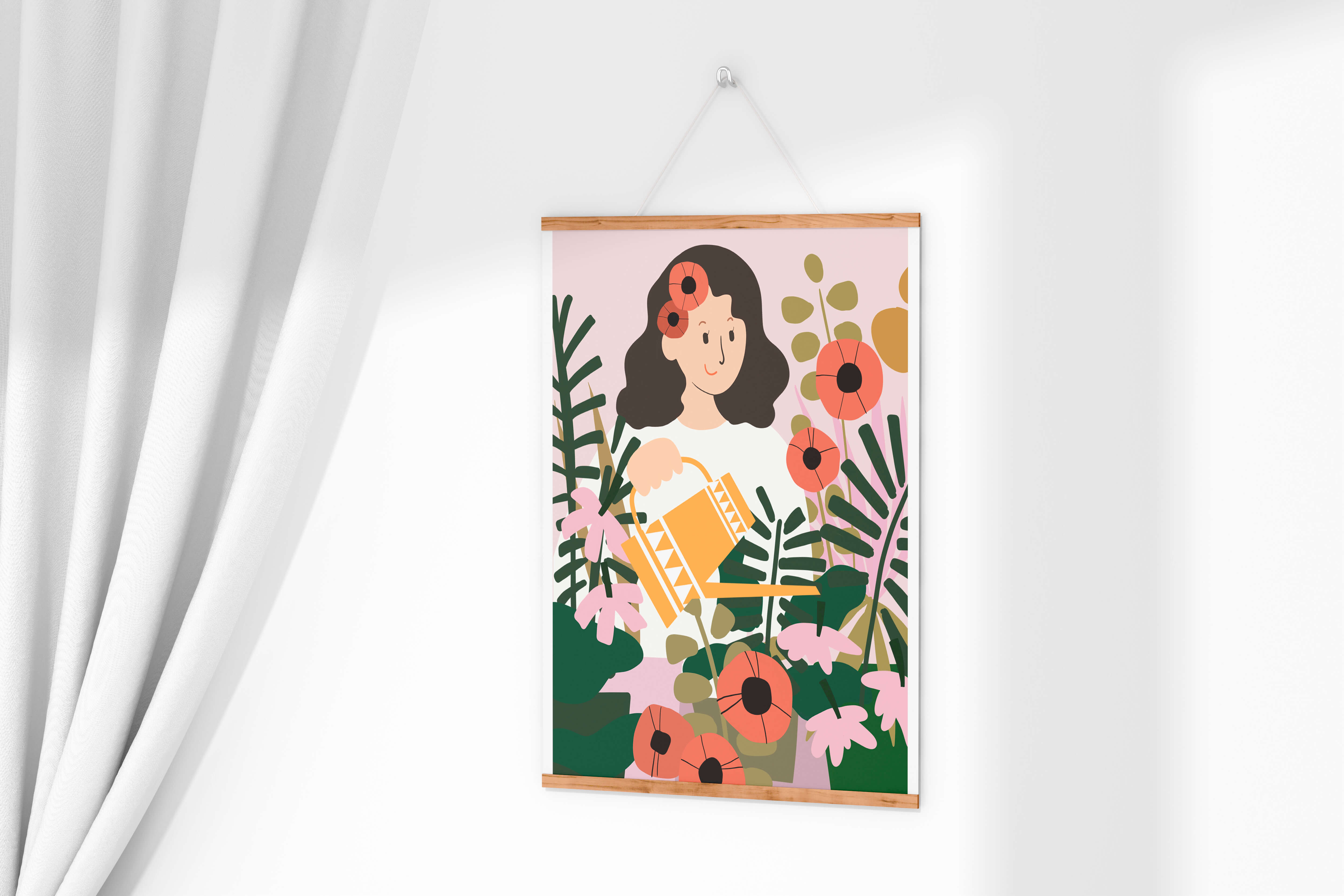 Woman watering plants surrounded by vibrant flowers and greenery