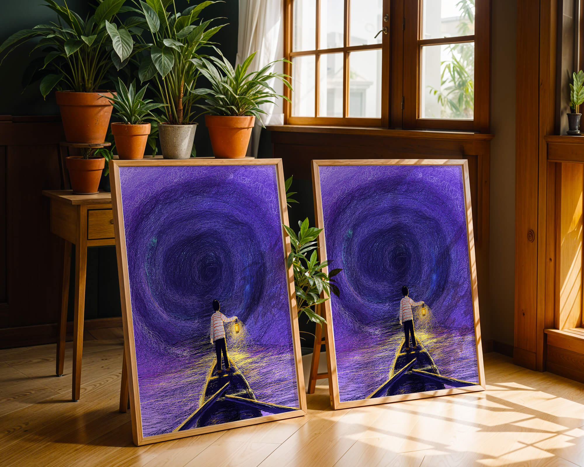 A boy holding a lantern on a boat in a swirling purple vortex