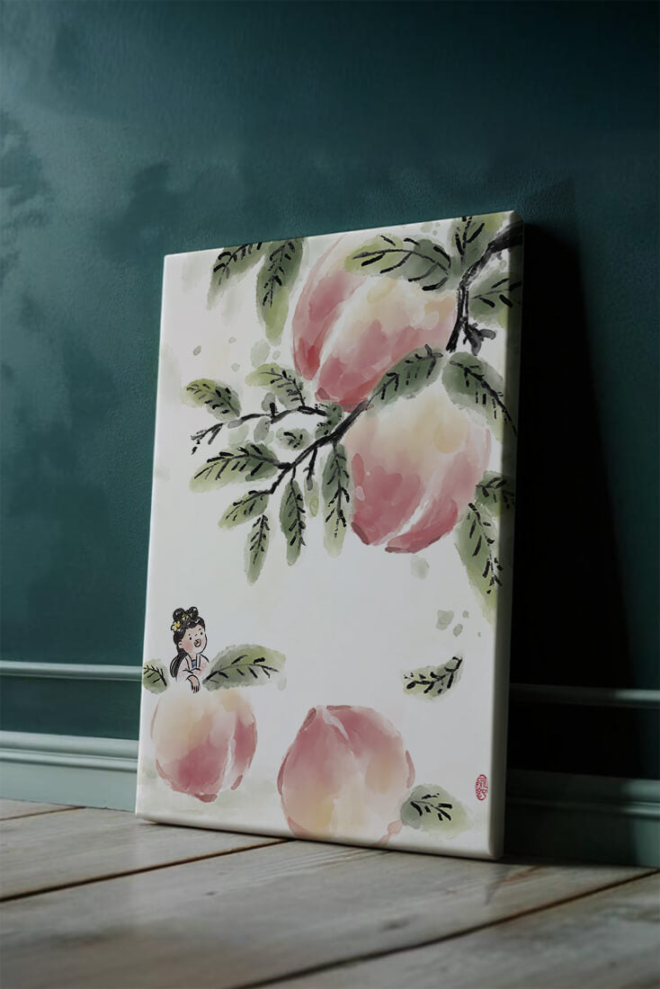 Encantadora ilustración de una chica entre flores de melocotón y hojas verdes