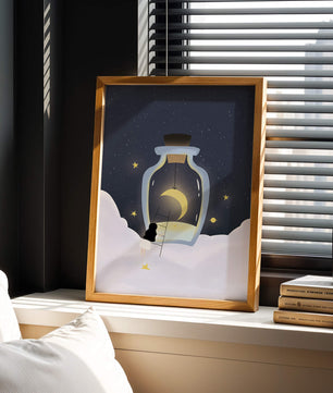 Fantasy Scene with Girl and Moon in a Bottle