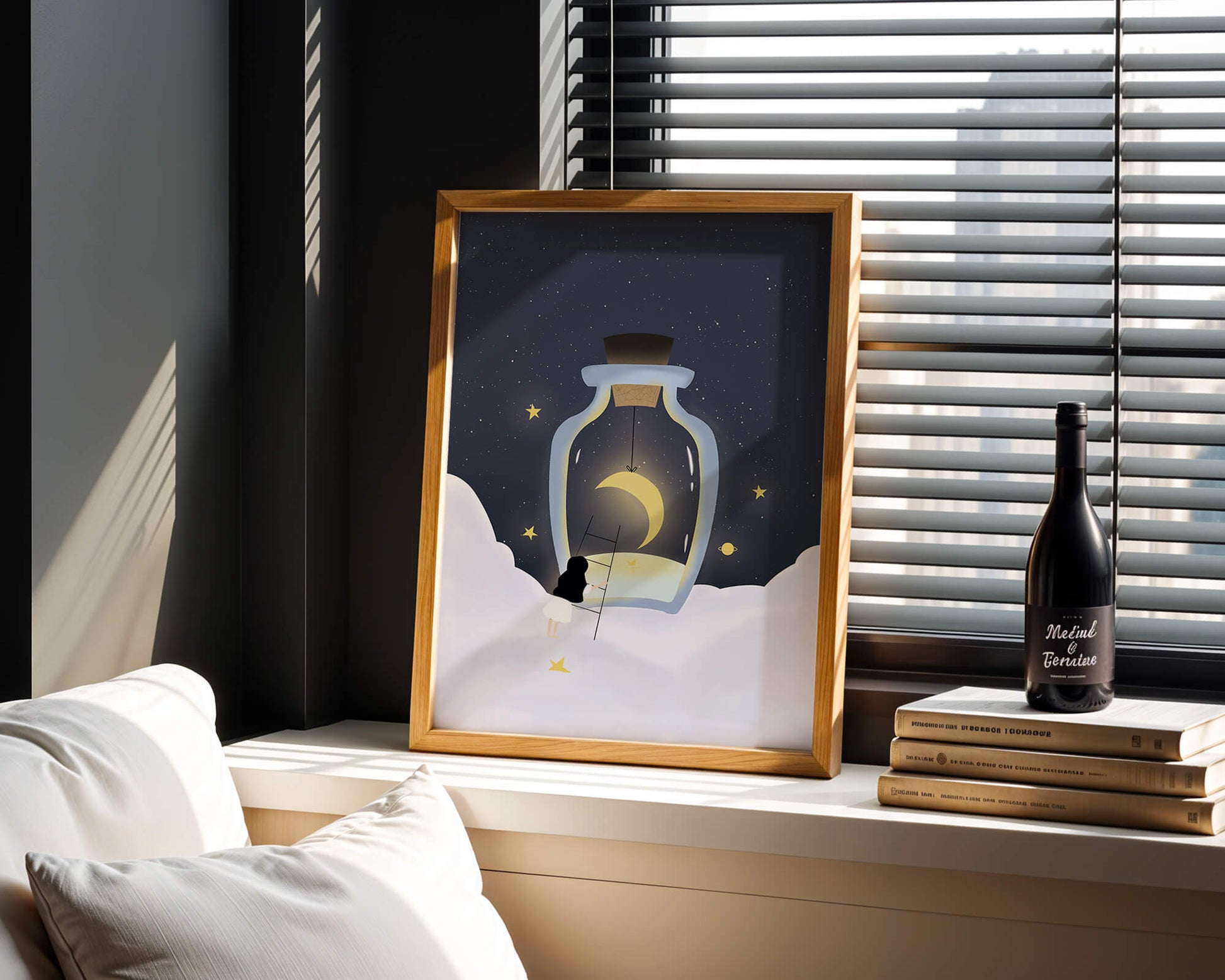 Fantasy Scene with Girl and Moon in a Bottle
