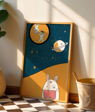 Playful Cartoon of Astronauts and Rabbit with Planet and Stars - Mi tienda