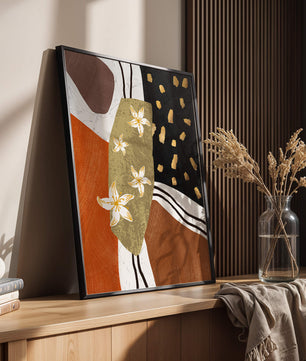 Abstract floral artwork with gold accents and earthy tones