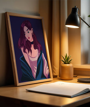 Illustration d'une fille élégante aux cheveux violets et à la veste bleue