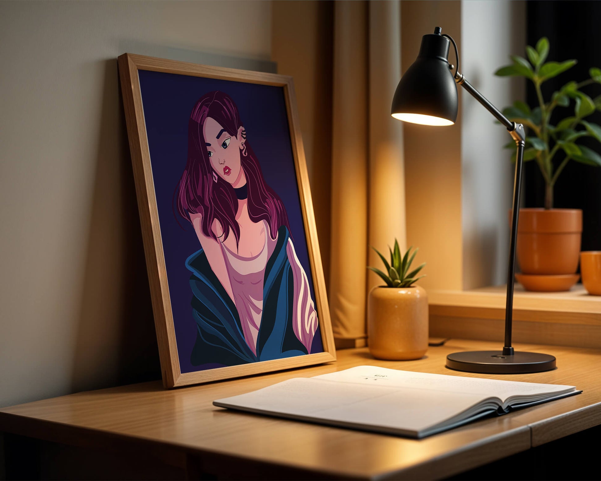 Stylish girl with purple hair and a blue jacket illustration