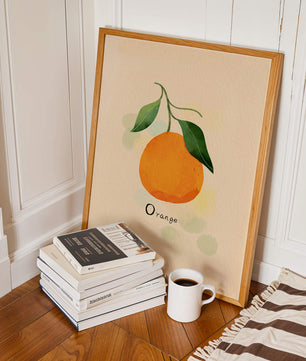 Illustration of a Single Orange with Leaves on a Textured Background - Mi tienda