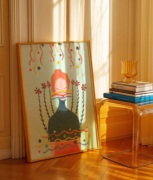 Whimsical Abstract Art of a Woman with Flowers and Streamers - Mi tienda