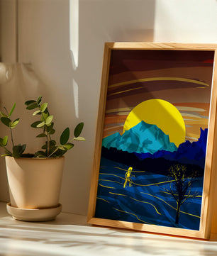 Paisaje surrealista con una puesta de sol vibrante y silueta