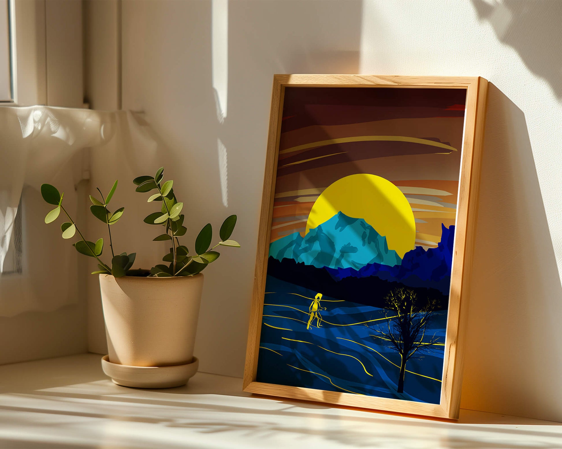 Surreal landscape with a vibrant sunset and silhouette