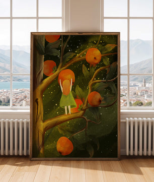 Little Girl Picking Oranges on a Starry Night