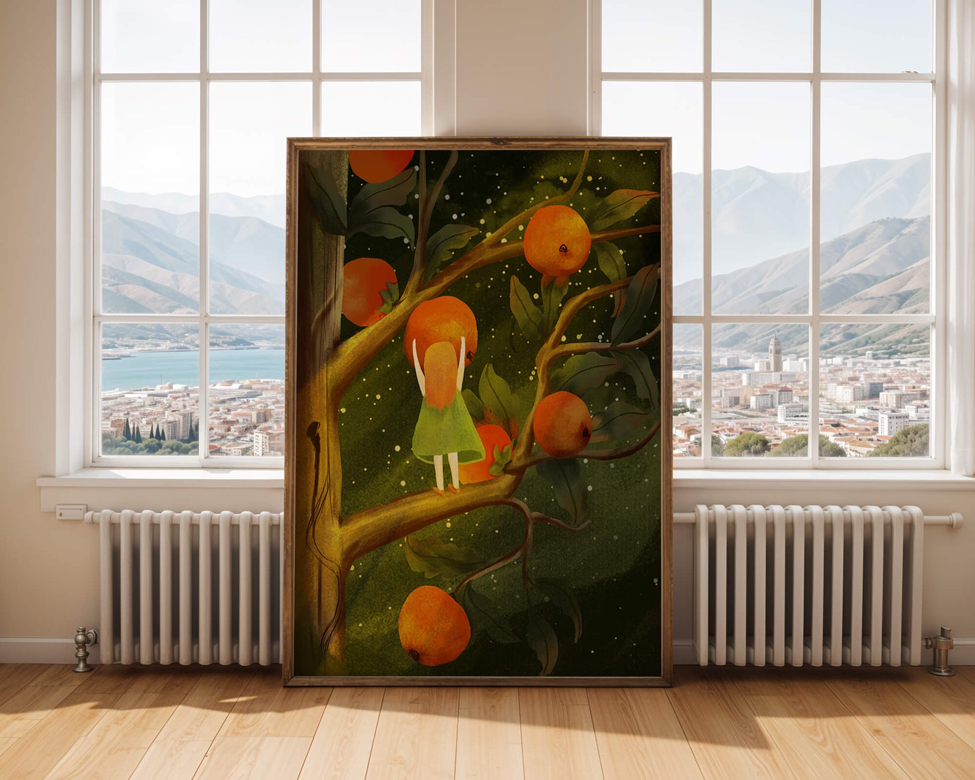 Little Girl Picking Oranges on a Starry Night