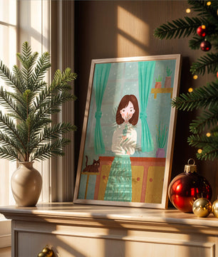 Charming Illustration of Woman and Cat in Cozy Living Room