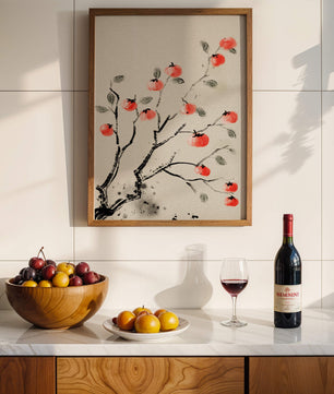 Elegant botanical illustration with vibrant red fruit on branches