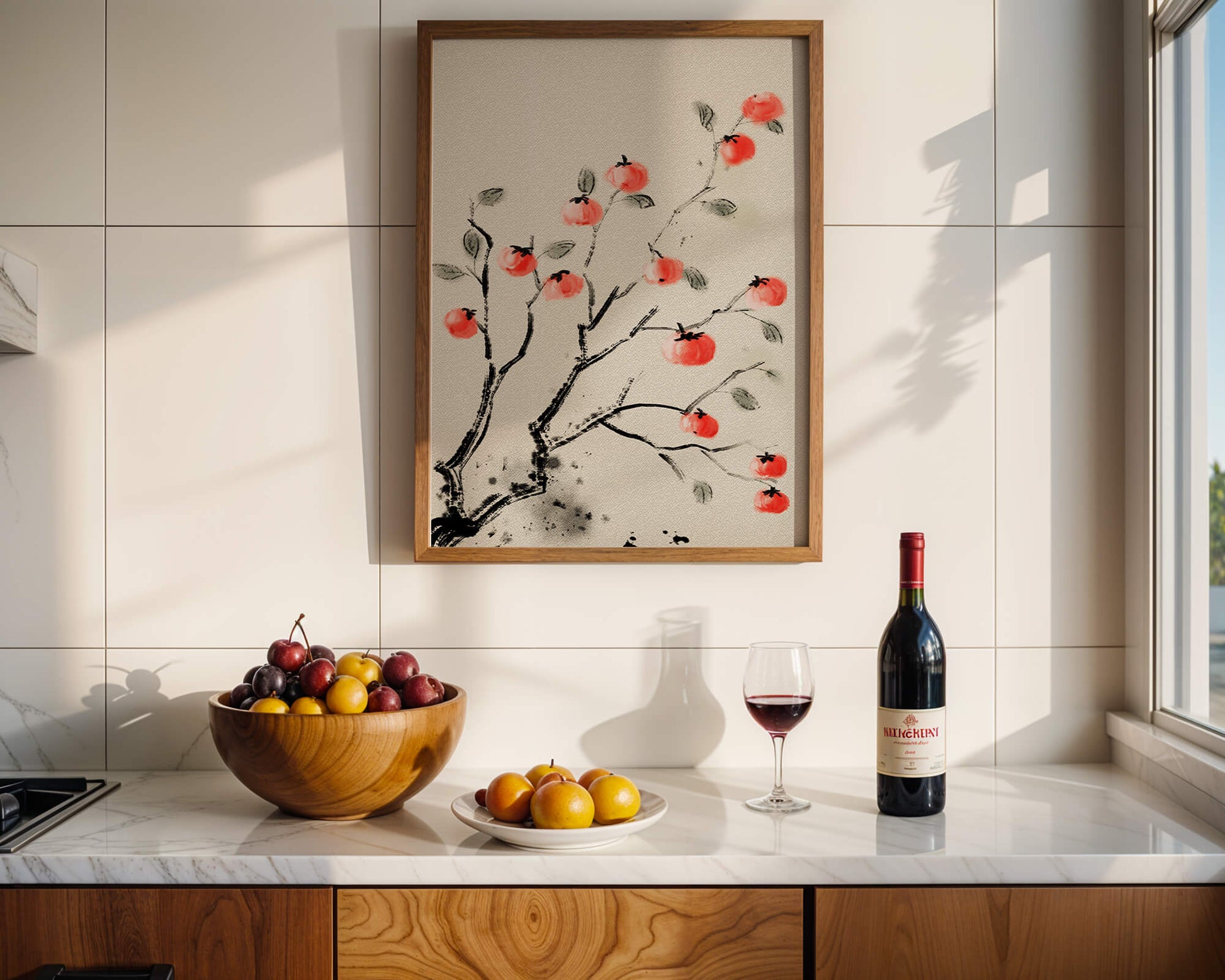 Elegant botanical illustration with vibrant red fruit on branches