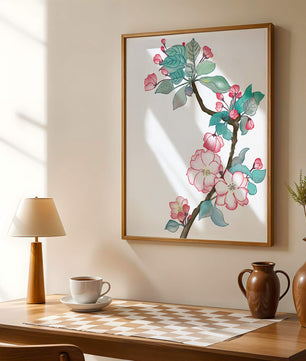 Elegante ilustración floral en acuarela con flor de cerezo.