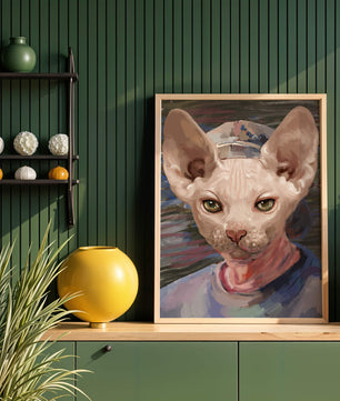 Painted portrait of a sphynx cat wearing a casual cap