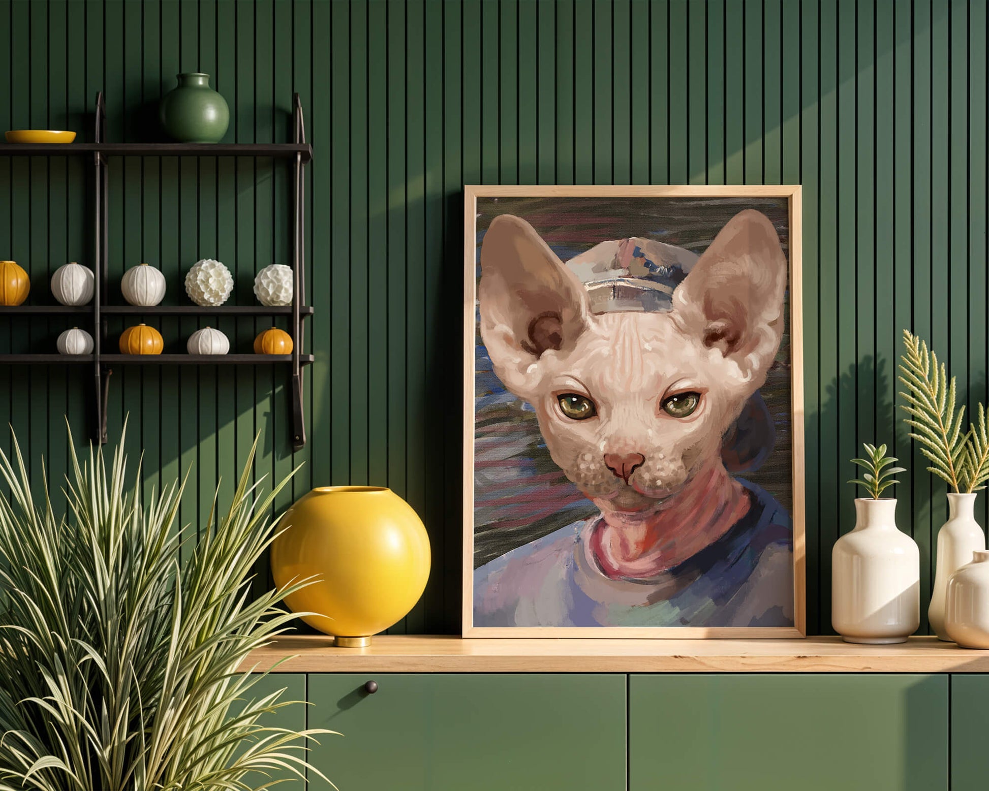 Painted portrait of a sphynx cat wearing a casual cap