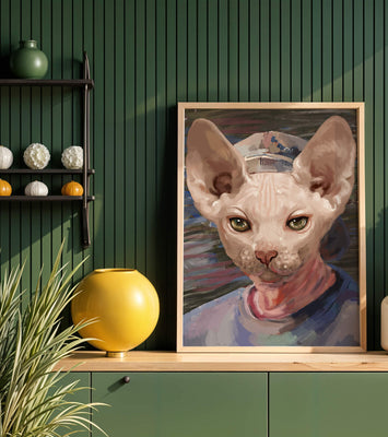 Painted portrait of a sphynx cat wearing a casual cap