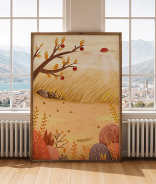 Autumn landscape illustration with apple tree and sunrise in a serene field