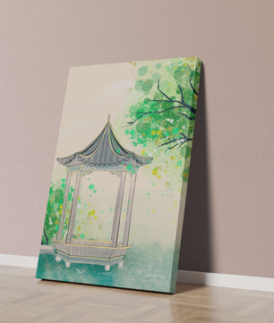 Serene garden pavilion amidst lush green trees and calm waters