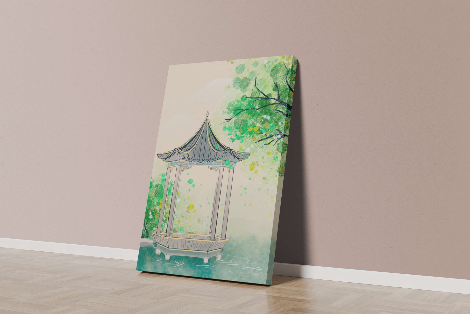 Serene garden pavilion amidst lush green trees and calm waters