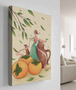 Whimsical scene with a woman in traditional attire among persimmons and leaves