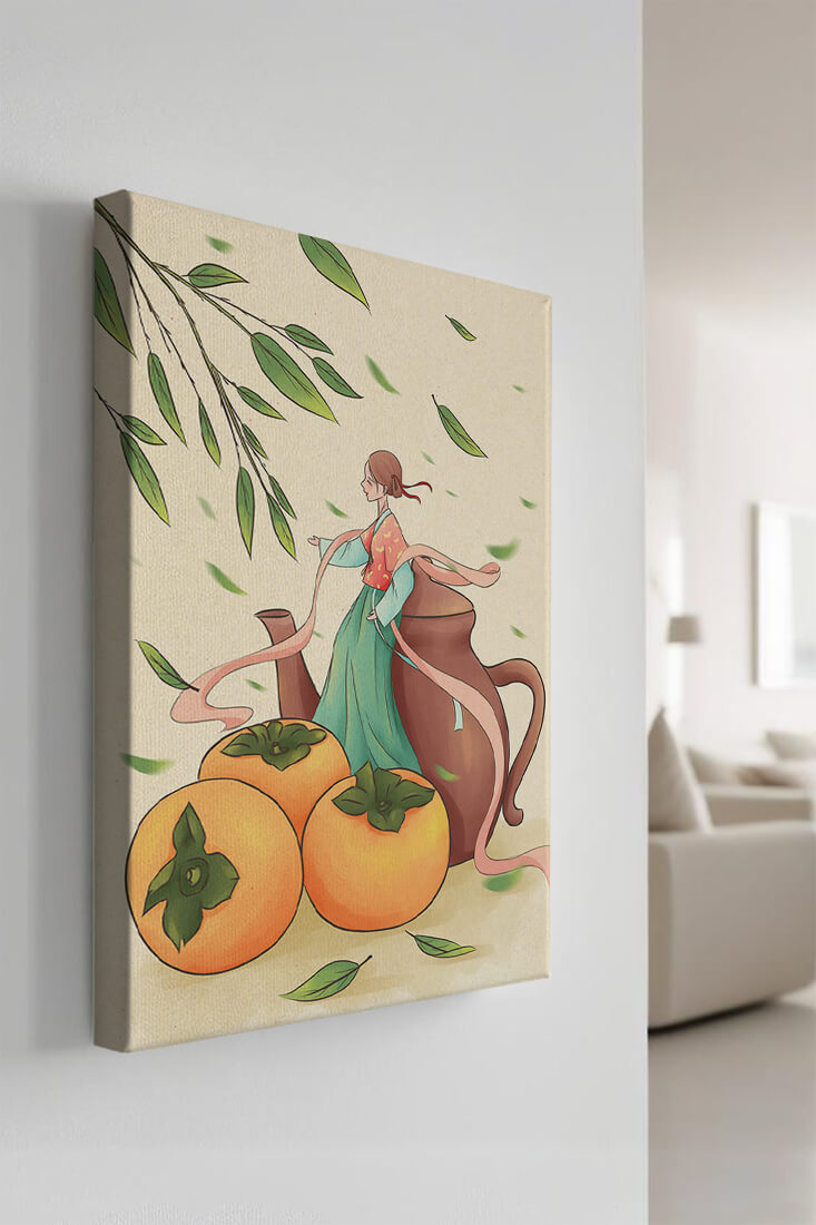 Whimsical scene with a woman in traditional attire among persimmons and leaves