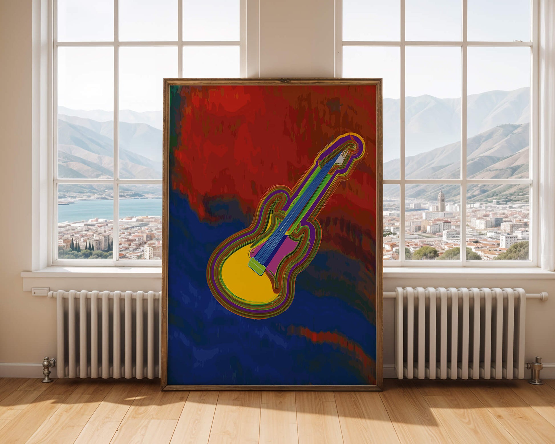 Vibrant abstract guitar illustration with bold colors
