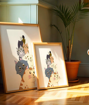 Stack of adorable cartoon cats with diverse patterns and colors